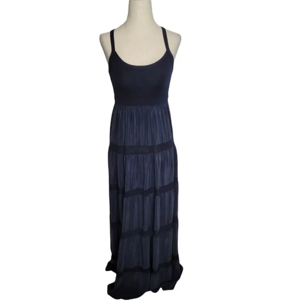 Bailey 44 Navy Blue Silk Tiered Sleeveless Maxi Dress Small